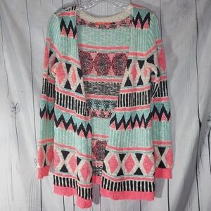I Love Multicolor Geometric Open Front Boho Eclectic Y2K Cardigan